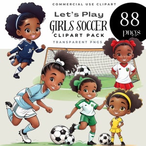 サッカー少女のクリップアート | 黒人少女サッカー選手 | 多文化 PNG | サッカー SVG | 少女のクリップアート | スポーツ クリップアート