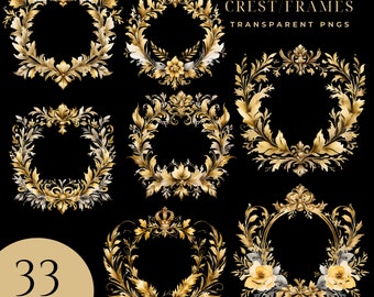 Watercolor Wedding Crest Clipart, Floral Crest Clipart, Watercolor Crest Clipart, Antique Gold Frames Clipart, PNG, Transparent, Monograms