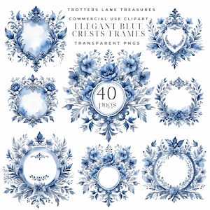 Blue Crest Clipart, Watercolor Wedding Crest Clipart, Floral Crest Clipart, Watercolor Crest Clipart, Family Crest Clipart, PNG
