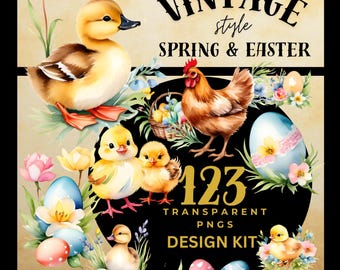 Watercolor Cute Easter Chick Clipart, Watercolor Easter Duckling Clipart, Vintage Easter Eggs, Vintage Easter Clipart, Easter Floral, png,