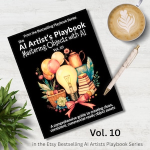 May include: A black book cover with the title "The AI Artist's Playbook Mastering Objects with AI Vol. 10" features a colorful illustration of a lightbulb, balloons, and other objects. A cup of coffee and a pen are also visible.