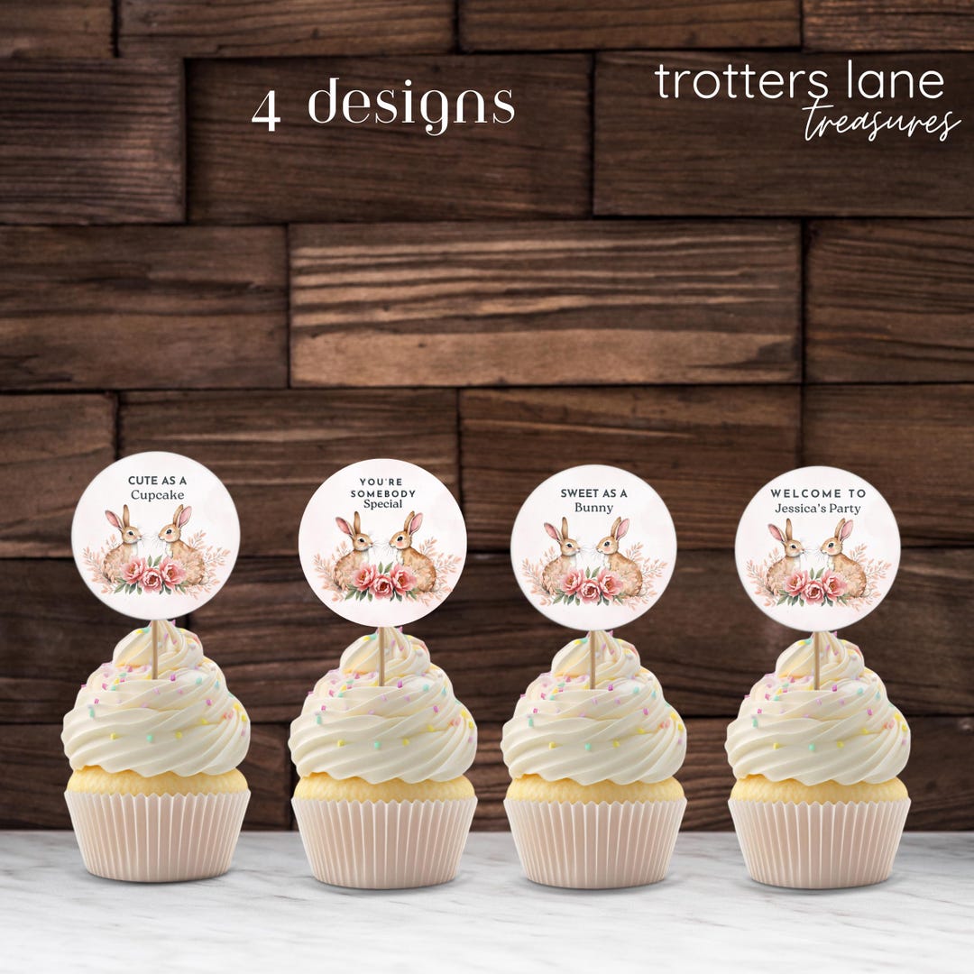 Bunny Birthday Cupcake Toppers - Floral Rabbit Party Picks - Cute Bunny ...