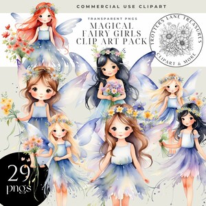 Feen Clipart Bundle - 29 PNGs magischer Feen-Mädchen mit Blumen, Schmetterlingsflügeln, Gartenblumen und Fantasy-Kunst für den kommerziellen Gebrauch