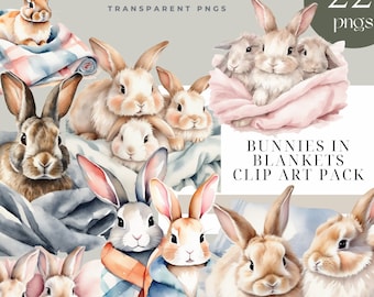 Blanket Bunny Clipart, Baby Bunny PNGs, Cozy Watercolor Bunnies, Nursery Bunny Clipart Pack, Cute Animal Illustrations, Commercial Use