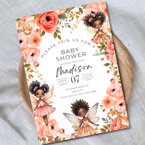 Modello di invito per baby shower Fairy Garden - Invito floreale modificabile - Baby shower magico stampabile - Baby shower pastello, afroamericano