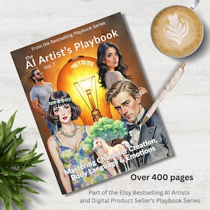 May include: The AI Artist's Playbook Vol. 7 book cover with illustrations of people and a lightbulb. The book is part of the Etsy Bestselling AI Artists and Digital Product Seller's Playbook Series. A pen and a cup of coffee are next to the book.