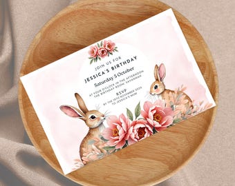 Bunny Birthday Invitation - Floral Bunny Invite - Editable Template - Printable Bunny Party Invitation - Digital File