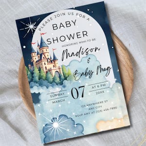 Wunderliche Babypartyeinladungsvorlage - Märchenschloss-Design, bearbeitbare Leinwand, magische Party
