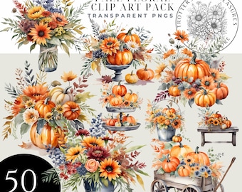 Watercolor Pumpkin Bouquets Clipart, Fall Wildflowers Clipart, Fall Clipart Pack, Fall Foliage Clipart, Harvest Fall Pumpkin Clipart, Autumn