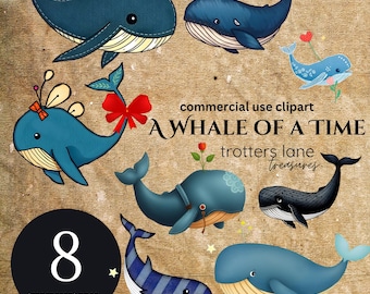 Cute Baby Whale Clipart, Blue Watercolor Whales, Nursery Ocean Animals, Baby Shower Clip Art, Sea Creatures PNG, Kids Room Decor,