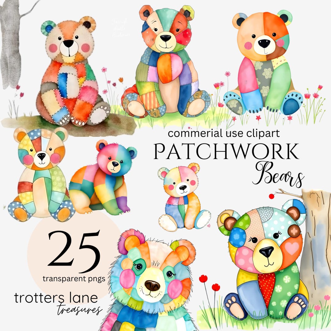 Patchwork Boar Patchwork Bear Clipart, Quilted Teddy PNG, Nursery Animals Clipart ...