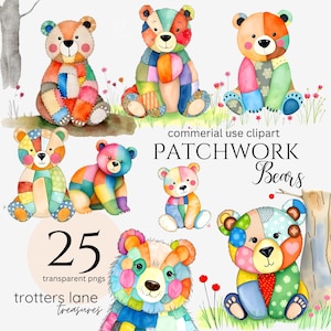 Patchwork Bears Clipart | Quilted Teddy PNGs, Folk Art Plush Animals, Watercolor Bear Illustrations