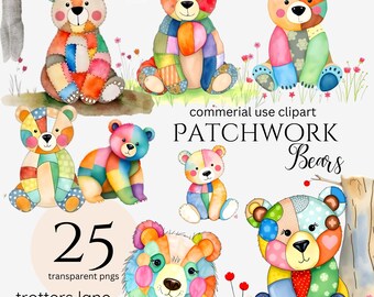 Patchwork Bear Clipart, Quilted Teddy PNG, Nursery Animals Clipart, Baby Shower Bear Art, Cute Patchwork Animals
