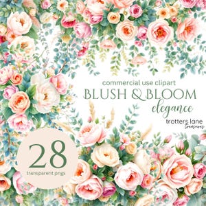 Blush rosa Blumen Clipart | Junk Journal Florals, Dusty Rose Blumen, hellrosa Pfingstrose PNG, Hochzeit Botanische Grafik, kommerzielle Nutzung