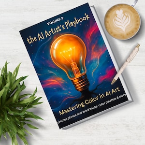 Peut inclure: Un livre intitulé "the AI Artist's Playbook: Volume 3" avec une ampoule incandescente sur la couverture. Le sous-titre du livre est "Mastering Color in AI Art: prompt phrase and word banks, color palettes & more".