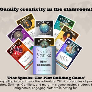May include: A colorful game box with the title "Plot Sparks: The Plot Building Game" and a variety of cards with different categories like "Events", "Wild Card", "Settings", "Themes", "Conflicts", "Objects", "Characters". The game is designed to help students create imaginative and engaging plots.