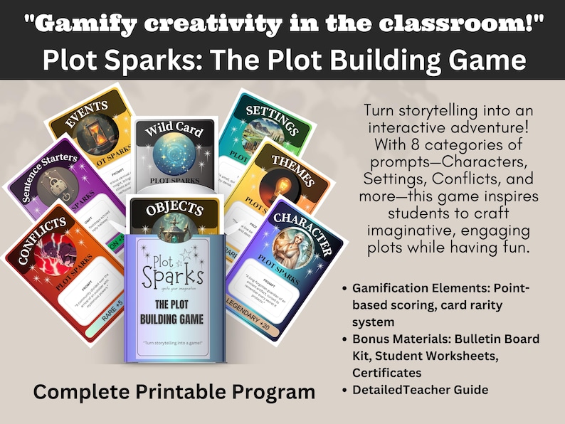 May include: A colorful set of cards for a game called "Plot Sparks: The Plot Building Game". The cards feature different categories like "Events", "Conflicts", "Objects", "Wild Card", "Settings", "Themes", and "Characters". The game is designed to help students craft imaginative and engaging plots while having fun.