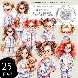 Clipart soirée pyjama fille, nuit de filles dans des cliparts, des cliparts jeune fille, fille avec des lunettes des cliparts, clipart fille d'anniversaire mignon, soirée pyjama