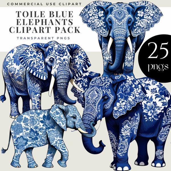 Toile Blue Clipart, Toile Blue Elephants Clipart - 25 PNGs, Elegant Blue and White Elephant Designs, Digital Download, Commercial Use