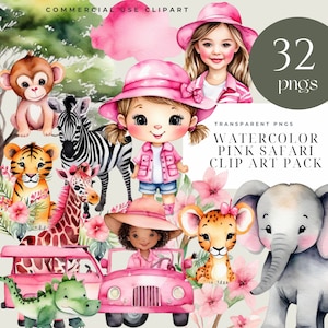 Animales de safari bebés acuarela clipart 32 jpgs de alta calidad, decoración de jungla rosa, arte de safari de niña, uso comercial PNG