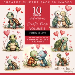 May include: A set of 10 digital clipart images featuring cute cartoon turtles in love. The turtles are holding hearts and flowers, and some are wearing hats. The images are perfect for Valentine's Day crafts, cards, and scrapbooking.