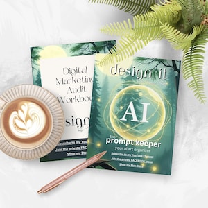 Puede incluir: Dos cuadernos de trabajo de marketing digital con un fondo de bosque. El primer cuaderno de trabajo se titula "Digital Marketing Audit Workbook" y el segundo cuaderno de trabajo se titula "Design It with AI: The Prompt Keeper, Your AI Art Organizer".