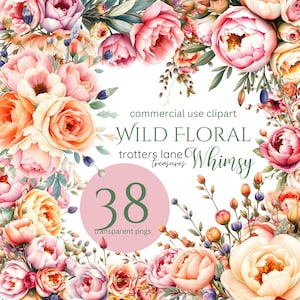 Clipart di fiori selvatici boho rosa pastello / Acquerello floreale, fiori da matrimonio morbidi, PNG botanici chic, diario spazzatura, grafica di invito