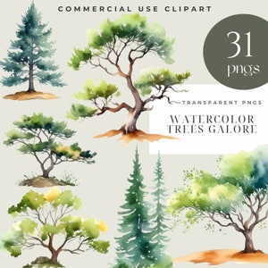 Ensemble de cliparts aquarelle arbres : Images PNG à usage commercial - oeuvres d'art de forêt et de paysage pour des conceptions numériques, journaux, album