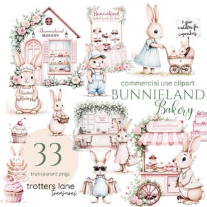 Bakkerijwinkel Clipart | Gebakken producten, grillige konijnenbakkerij, landhuisje gebak PNG's Junk Journal, babyshower, verjaardagsfeestje, kunst aan de muur,