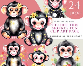 Monkey Clipart, Cute Baby Monkey PNGs, Jungle Animal Clipart, Safari Kids Art, Monkey Fun Illustration Pack
