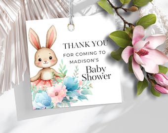 Etiquetas de regalo para baby shower con forma de conejito - Etiquetas de agradecimiento con diseño floral - Plantilla editable de conejo - Descarga instantánea