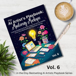 May include: A book cover titled "The AI Artist's Playbook: Mastering Mockups" with colorful illustrations of a laptop, tablets, and flowers. A cup of coffee and a pen are also present. The book is volume 6 in the Etsy Bestselling AI Artists Playbook Series.