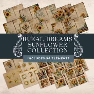 Sunflower Junk Journal Digital Kit, Sunflower Junk Journal Page, Sunflower Junk Journal Kit, Vintage Sunflower Digital Paper, 96 Pieces