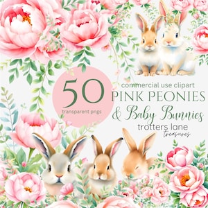 Gefüllte Häschen Clipart | Schlafendes Kaninchen mit Blumen, Pfingstrose, Aquarell, Blush Floral Spielzeug, Junk Journal, Babyparty, Hochzeit, Ostern