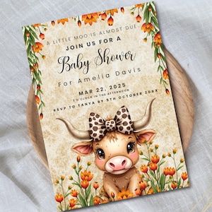 Highland Kuh Babypartyeinladung | Kleiner Moo Bauernhof Tiere | Bearbeitbare Canva Vorlage | Druckbare digitale Datei