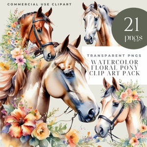 pony clipart transparent png,  Floral Horses Clipart, Watercolor clipart, Digital download, Sublimation, junk journals, commercial clipart