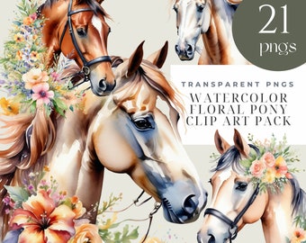 May include: Watercolor painting of three brown and white horses with floral headbands. The horses are depicted in a realistic style with soft, flowing lines. The flowers are a mix of pink, yellow, and orange.