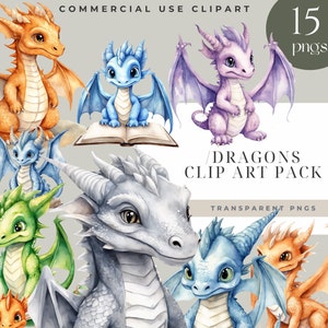 Baby Dragon Clipart Bundle – Cute Watercolor Fantasy Dragons PNG, Digital Download for Kids Party, Nursery Art, Commercial Use