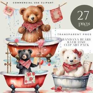 Bear Bath Time Clipart, Uso commerciale, Festa di compleanno per bambini, Baby Shower Decor, Arte della scuola materna, PNG di Scrapbooking, Grafica trasparente dell'orso