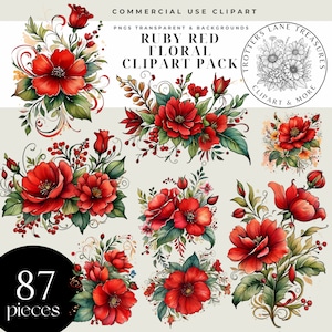 Peut inclure: Un ensemble de 87 images clipart numériques représentant des bouquets floraux rouge rubis avec des feuilles vertes et des détails complexes. Les fleurs sont peintes dans un style aquarelle et ont une esthétique vintage.