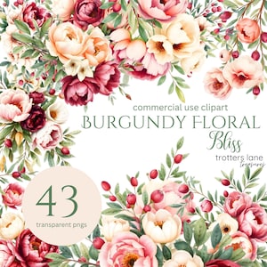 Clipart floral burdeos: felicidad floral burdeos / flores de acuarela, peonía granate PNG, botánica para bodas, uso comercial, diario basura