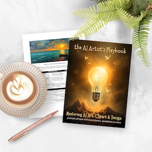 Peut inclure: Une couverture de livre avec une ampoule jaune sur un fond sombre. Le titre du livre est "The AI Artist's Playbook: Mastering AI Art, Clipart & Design". Le sous-titre est "Prompt phrase and word banks, templates & more".