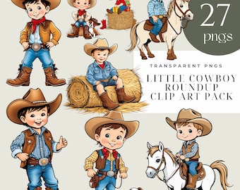 Baby Cowboy Watercolor Clipart Bundle, Boy with Horse Sublimation PNG, Western Nursery Art, Instant Download for Baby Shower, Commercial Use