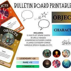 May include: A printable bulletin board kit for storytelling and role-playing games. The kit includes 11 big plot spark cards, 8 circle images, 8 narrow category cards, 8 large category cards, and various speech bubbles. The kit is designed to help players create their own stories and characters.