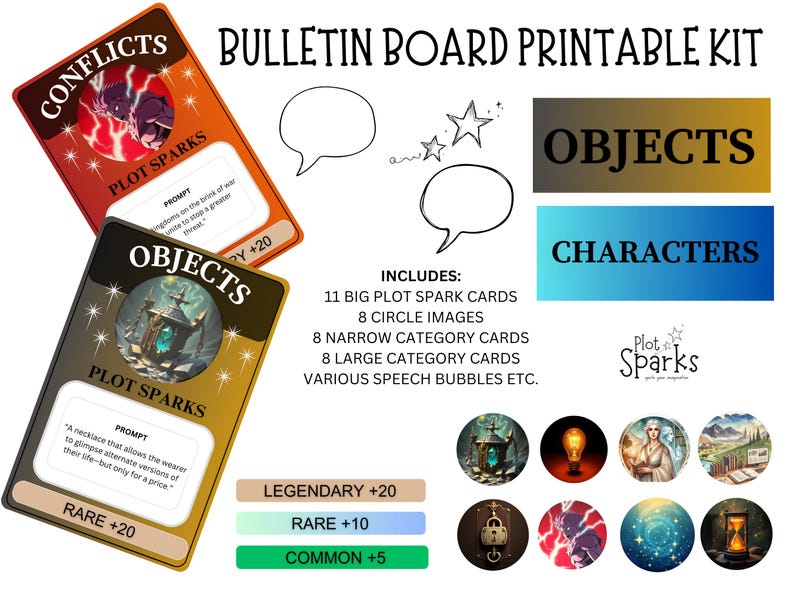 May include: A printable bulletin board kit for storytelling and role-playing games. The kit includes 11 big plot spark cards, 8 circle images, 8 narrow category cards, 8 large category cards, and various speech bubbles. The kit is designed to help players create their own stories and characters.