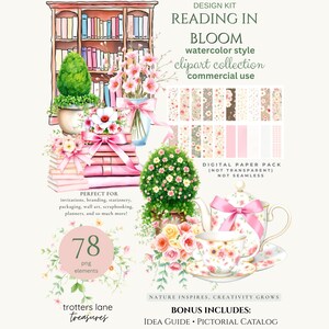 Paquete de imágenes prediseñadas de libros, libro floral PNG, imágenes prediseñadas de lectura coqueta, pila de libros en acuarela, arte digital de libros estilo cottagecore