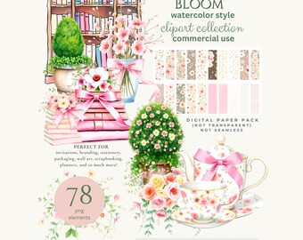Pacchetto di clipart di libri, libro floreale PNG, clipart di una ragazza civettuola che legge, pila di libri ad acquerello, arte digitale di libri in stile cottagecore