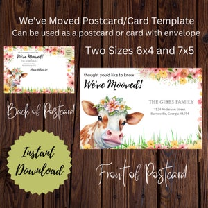 Cartão de vaca movido personalizado DIY para impressão, MOOVED Cartão postal / modelo de cartão Canva para impressão em dois tamanhos Baixar anúncio de mudança