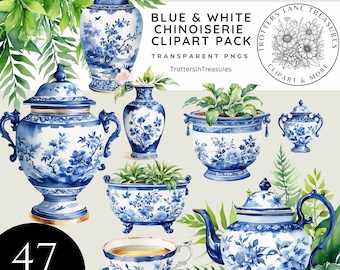 Blue Chinoiserie Clipart, Chinoiserie Floral Clipart, Chinoiserie Vase Clipart, Vintage, Blue and White Chinoiserie png, Commercial Use
