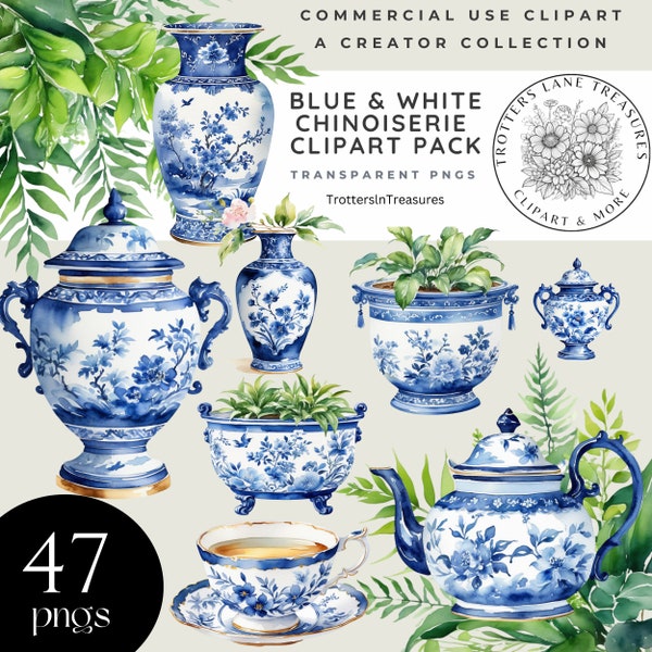 Blue Chinoiserie Clipart, Chinoiserie Floral Clipart, Chinoiserie Vase Clipart, Vintage, Blue and White Chinoiserie png, Commercial Use